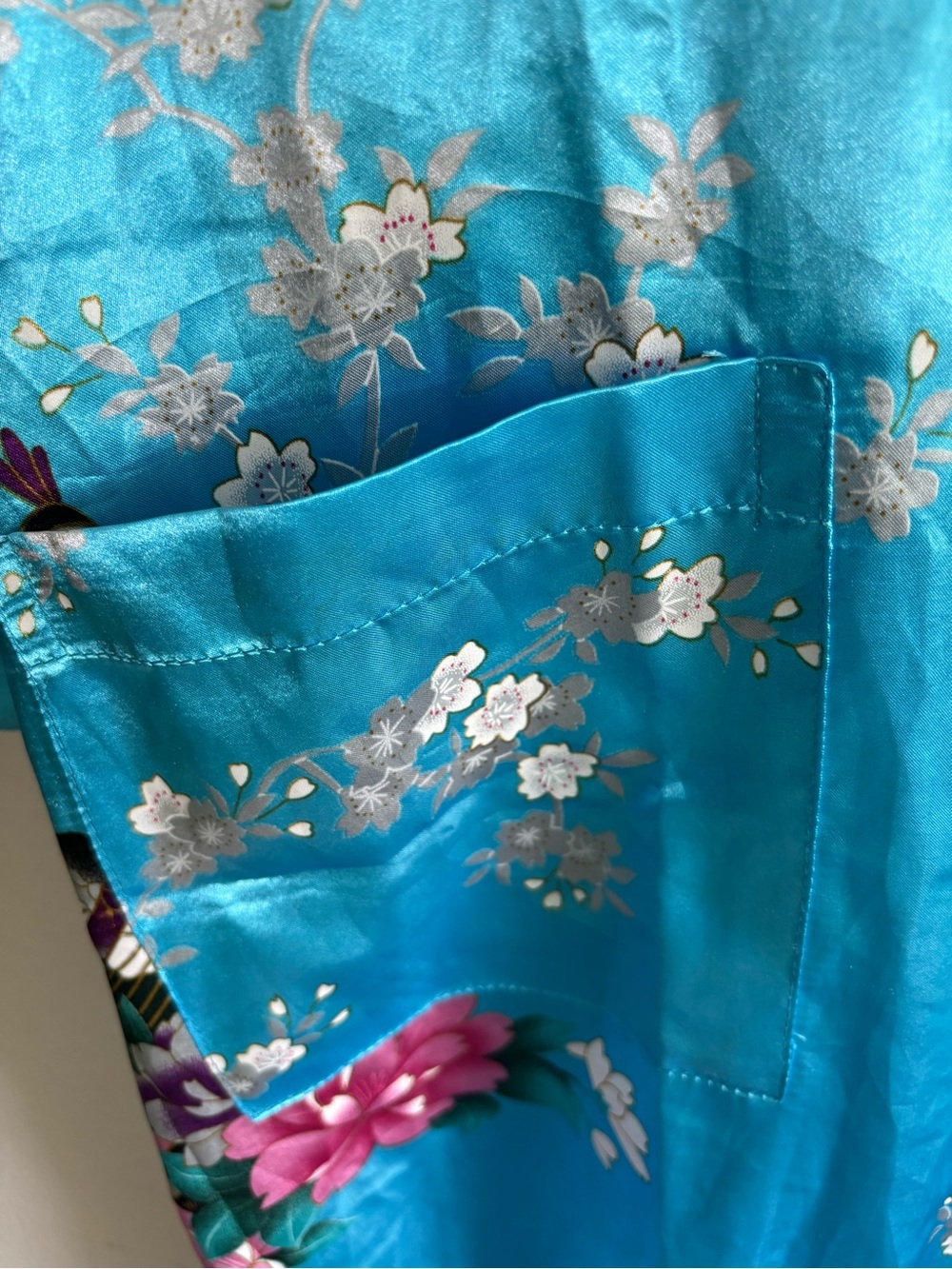 Floral Turquoise Satin Robe with Silver Accents